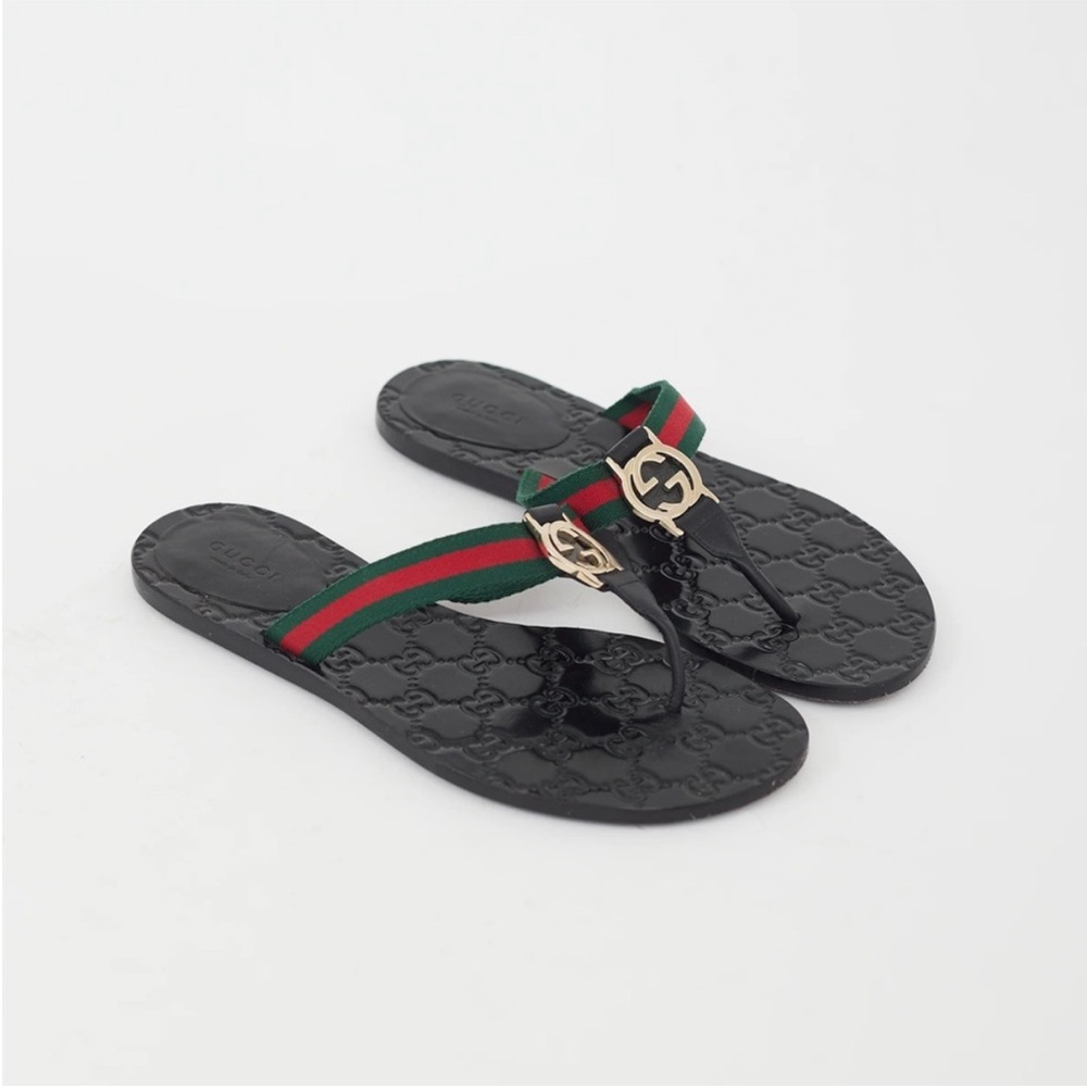 Gucci Black Flip Flops with Red and Green Accents